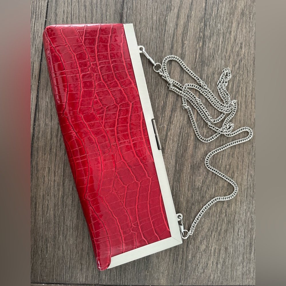 Pegaso Milano Red Crocodile-Embossed Clutch with Chain Strap